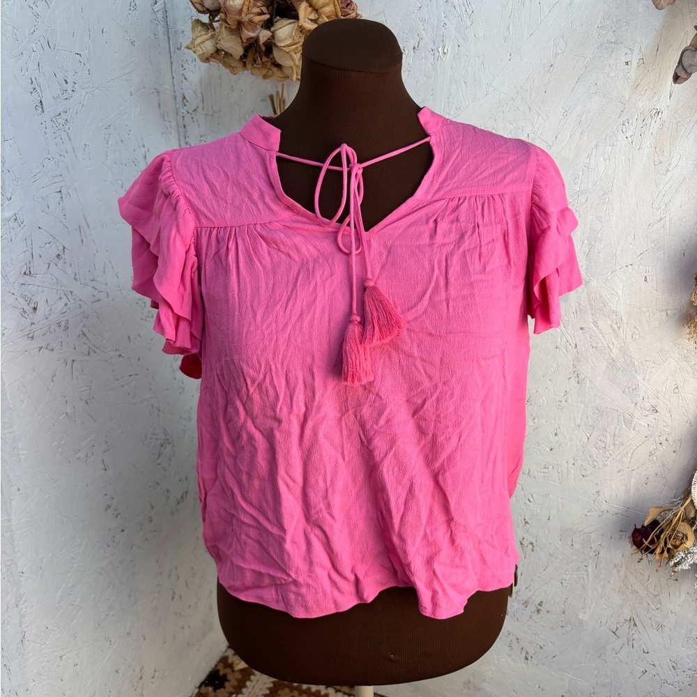 NWT Anthro x A loves A Ruffled Tassle Hot Pink Blouse Size Small